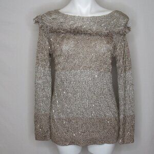 White House Black Market Boat Neck Fringe Sequin Metallic Sweater Women's S Gold